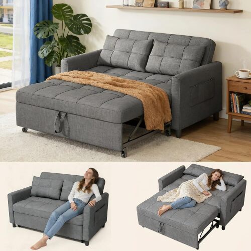 Gizoon 3 in 1 Convertible Loveseat Sofa Bed, 72 Inch Pull Out Sofa Bed, Linen Fabric, Small Futon Sofa Bed with 2 Pillows for Apartment, Living Room, Bedroom, Dark Grey