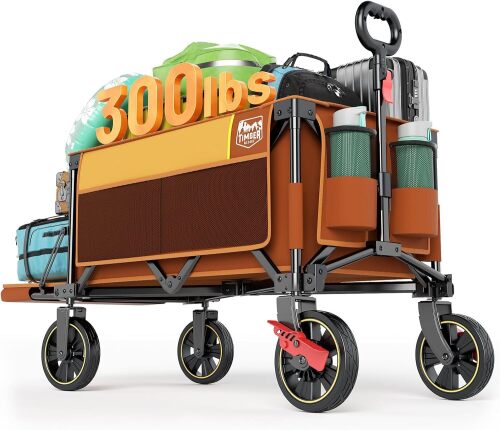 Timber Ridge 49" Extra Long Collapsible Folding Wagon with Tailgate and Brakes, 250L Capacity All-Terrain Wagon Carts Foldable, 300lbs Portable Cart for Dog, Garden, Outdoor Camping Sports, Orange