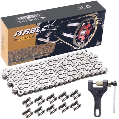 420 Motorcycle Chain 132 Links fit for 50 70 90 110 125cc SSR TaoTao Coolster Apollo Baja 212cc Go Kart Mini Bike Powersports Parts Chinese ATV 4 Wheeler Quad Pit Dirt Bike with Chain Breaker