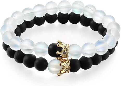 Distance Bead Bracelets for Couples,Lover Queen King CZ Crown Natural Black&White Matte Moonstone Her and His Bracelet,8mm Beads Bracelet Jewelry for Men Women Kids