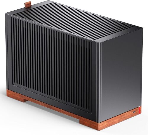 JONSBO T9 Mini ITX PC Case,SFF Tool-Free Mesh Desktop Case,A4 Structure,Black Walnut Solid Wood Base,3 Levels Adjustable for MB,4mm AL,SP SFX100mm/GPU202mm-310mm, with a PCI-E 5.0 Cable,Black