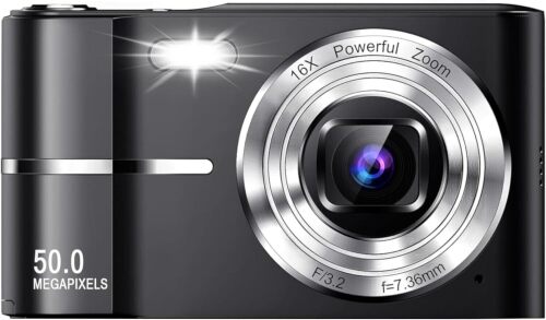 Compact Digital Camera (Black) 50MP 16X Zoom HD 1080P Point and Shoot with 32GB Memory Card and 2 Batteries, Birthday for Boys Girls Kids Students Beginners