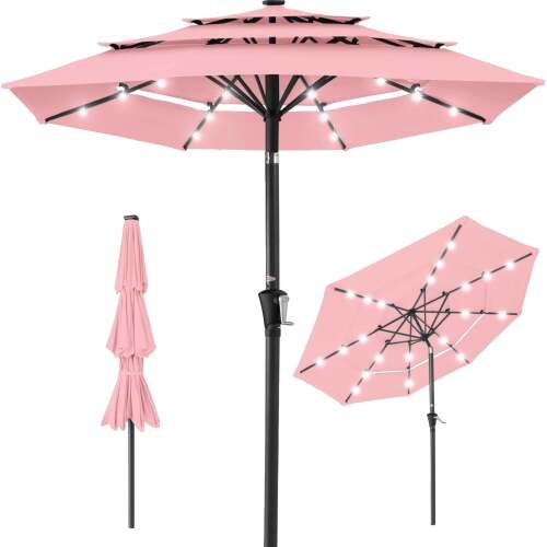 3-Tier Solar Patio Umbrella w/ LED Lights, Tilt Adjustment, Crank - 10ft
