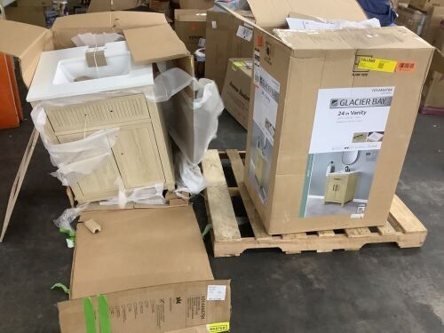 Lot of (2) Glacier Bay Riley 24 in. Single Sink Freestanding Light Birch Bath Vanity with White Engineered Stone Top - 1 has Broken Foot, 1 Has Broken Top