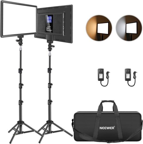 NEEWER 13" LED Video Light Panel Kit with Tripod Stand, 2 Pack, Bi Color, Dimmable, 4000mAh Battery, 3200K-5600K