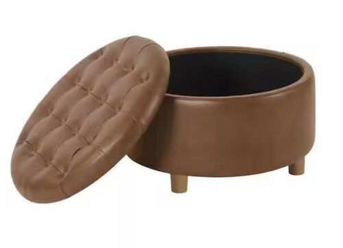 Homepop Brown Faux Leather Round Button Tufted Storage Ottoman