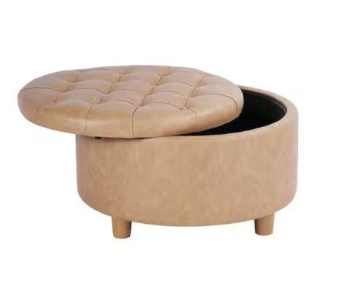 Homepop Winston Sand Faux Leather Large Round Button-Top Storage Ottoman