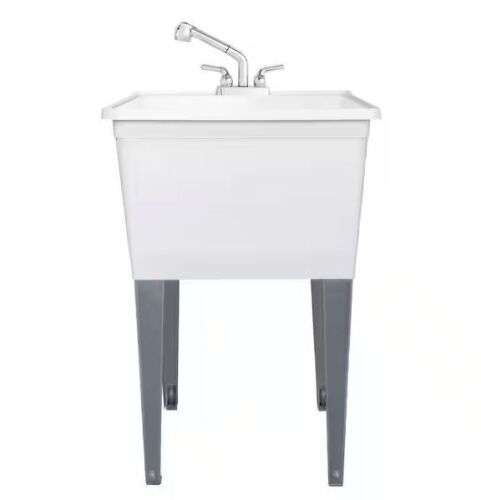 Glacier Bay 24.5 in. D x 22.5 in. W Freestanding Laundry/Utility Sink in White with Chrome Pullout Faucet