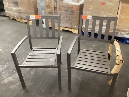 Lot of (2) StyleWell Stacking Steel Slat Outdoor Dining Chair in Dark Taupe
