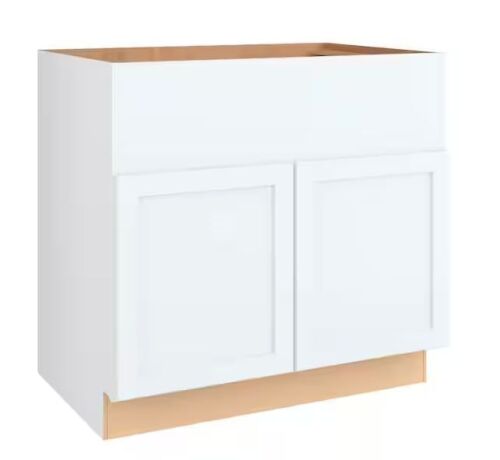 Hampton Bay Courtland 36 in. W x 24 in. D x 34.5 in. H Assembled Shaker Sink Base Kitchen Cabinet in Polar White