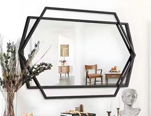 30 in. W x 40 in. H Modern Rectangular Polygonal Black Metal Frame Art Decorative Mirror