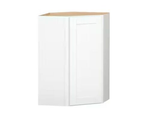 Hampton Bay Shaker 24 in. W x 12 in. D x 36 in. H Assembled Diagonal Corner Wall Kitchen Cabinet in Satin White