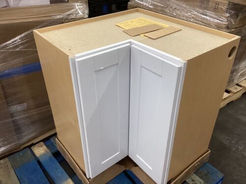 Hampton Bay Shaker 36 in. W x 16.5 in. D x 34.5 in. H Assembled Corner Lazy Susan Base Kitchen Cabinet in Satin White - Chipped Door, Hole Drilled in Side