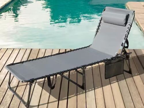 VEIKOUS Outdoor Folding Chaise Lounge Chair Fully Flat for Beach with Pillow and Side Pocket, Dark Gray