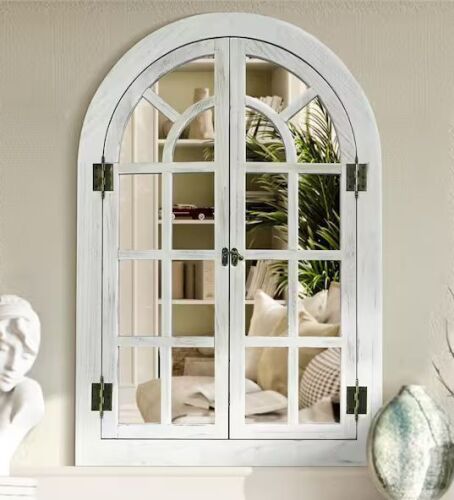 24 in. W x 36 in. H Farmhouse Arched White Washed Wood Framed Windowpane Wall Mirror