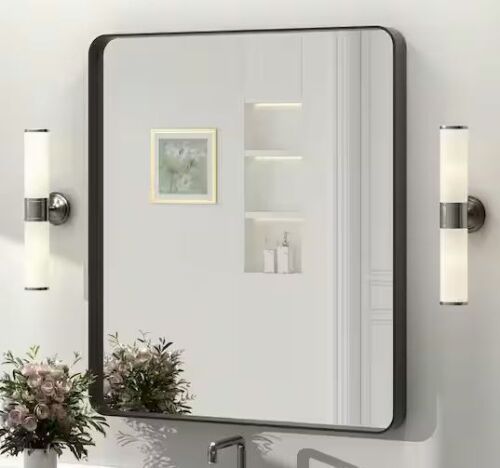 28 in. W x 32 in. H Rectangular Tempered Glass and Aluminum Alloy Framed Wall Mirror in Matte Black