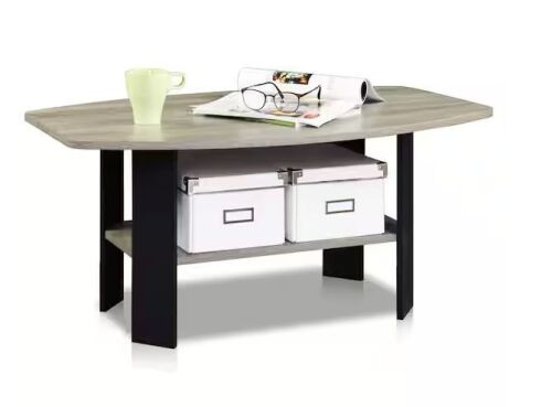Furrino Simple 36 in. French Oak Gray/Black Medium Rectangle Wood Coffee Table with Shelf