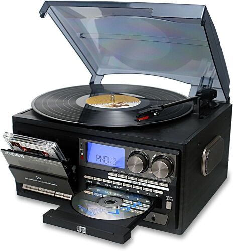 LoopTone Vinyl Record Player 10 in 1 3 Speed Bluetooth Vintage Turntable CD Cassette Player AM/FM Radio USB Recorder Aux-in RCA Line-Out