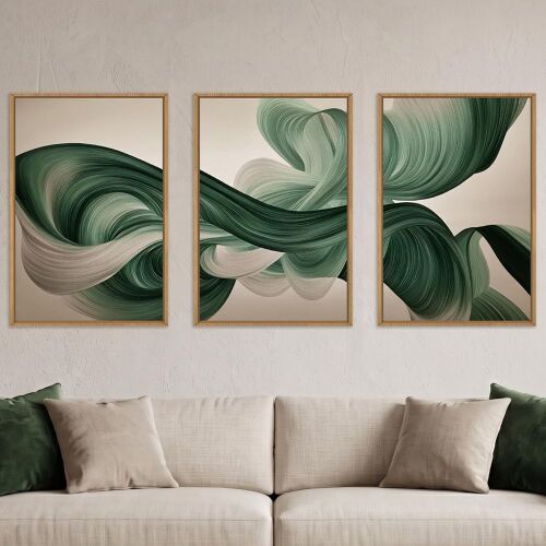 KAIRNE Green Abstract Waves Lines Framed Canvas Wall Art Set-16"x24"x3