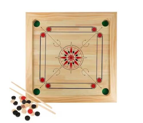Hey! Play! Wooden Carrom Board Game with Cue Sticks