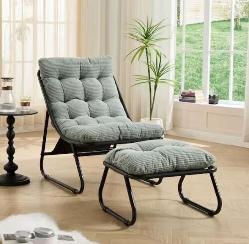 Light Green Corduroy Recliner with Ottoman and Puffy Cushion