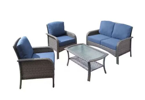 Denali Gray 4-Piece 4-Seat Wicker Modern Outdoor Patio Conversation Sofa Seating Set with Denim Blue Cushions