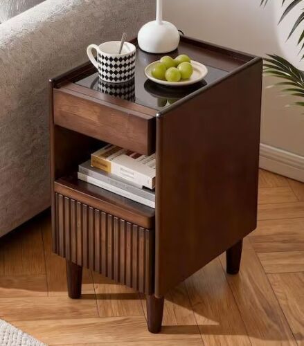 Noble House Rendor Walnut 1-Drawer Nightstand with Open Shelves