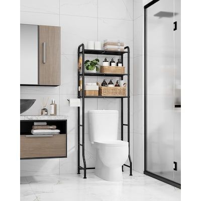 Kitsure 22.8-in W x 8.88-in D x 61-in H 3-Shelf Black Metal Over-the-Toilet Storage with Paper Holder