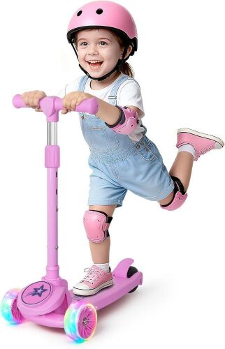Kids Kick Scooter with Light Up Wheels, 3 Adjustable Height Handlebars