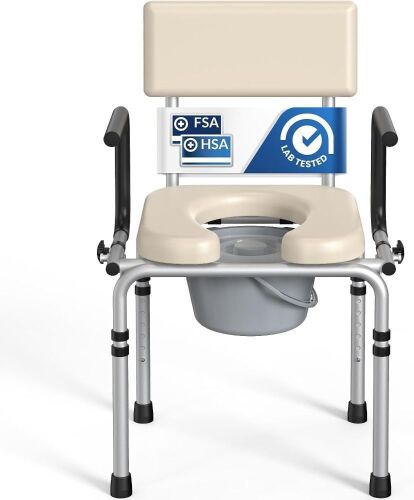 HolyHeal Drop Arm Bedside Commode with Padded Seat Backrest, 400 lbs, 6.3QT Removable Bucket