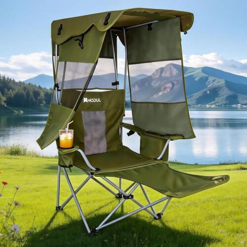 AKSOUL Folding Camping Chair with Shade Canopy, Cup Holder, Side Pocket, Support 330 LBS,Green