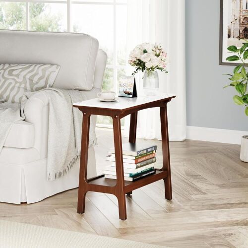 Noble House Josiah Retro 23.54 in. Walnut Rectangle Stone End Table with Storage Shelf