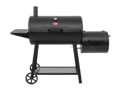 Char-Griller Smokin' Champ Charcoal Grill Offset Smoker in Black with Charcoal Tray and Dual Damper Controls