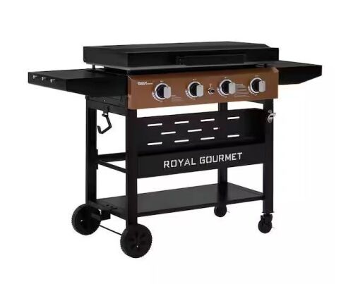 Royal Gourmet 4-Burner Propane Gas Griddle with Hood, Collapsible Side Shelves, 52000 BTU, Stylish Antique Bronze Control Panel