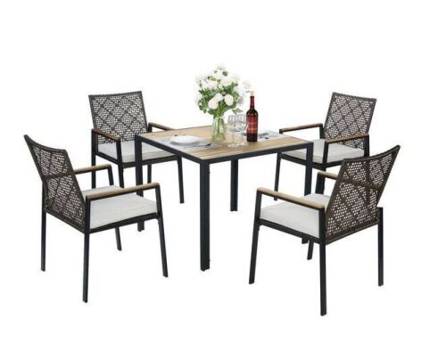 Noble House Lirien 5-Piece Brown Metal Patio Outdoor Dining Set with White Cushions and Umbrella Hole, Acacia Wood Top