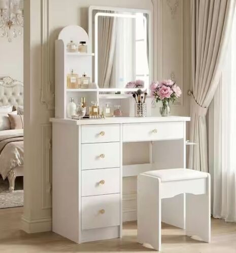 FUFU&GAGA 5-Drawers White Makeup Vanity Dressing Table Set with Stool, LED Lighted Mirror, Power Strip and Hair Dryer Holder