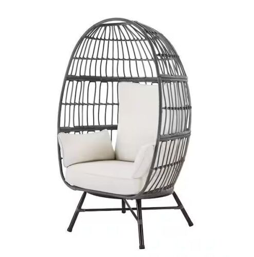 Hampton Bay Breezy Bay Gray Wicker Outdoor Egg Chair with CushionGuard Almond Cushions