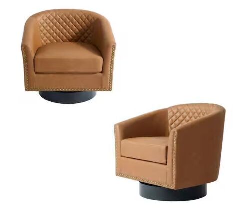 Uixe Mid-Century Coffee PU Leather 360° Swivel Accent Arm Chair with Nailhead Trim (Set of 2)
