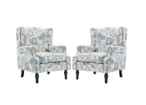 Uixe Plants Blue Linen Upholstered High Back Accent Arm Chair with Nailhead Trim(Set of 2)