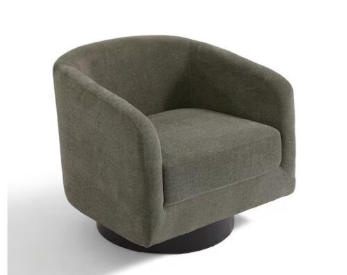 Uixe Modern Tan Chenille Upholstered 360°Swivel Accent Arm Barrel Chair With Wood Base
