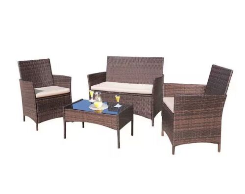 Brown 4-Pieces Wicker Outdoor Patio Furniture Sets Rattan Chair Wicker Set with Beige Cushion