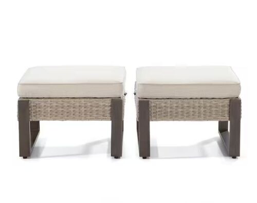 Wicker Outdoor Patio Ottoman with Steel Frame and Beige Cushions (Set of 2)