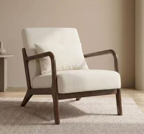 Noble House Modern Antique White and Brown Cotton Linen Upholstered Accent Arm Chair with Lumbar Pillow