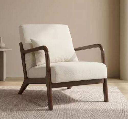 Noble House Modern Antique White and Brown Cotton Linen Upholstered Accent Arm Chair with Lumbar Pillow