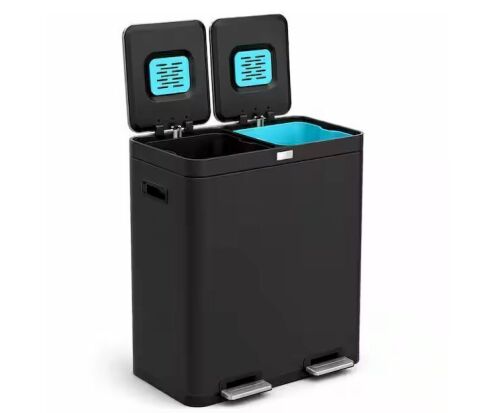 Home Zone Living 15.8 Gal. Stainless Steel Step-On Kitchen Trash Can with Dual Compartments and Clean Aura Odor Control