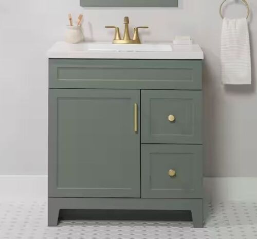 Glacier Bay Chasbury 31 in. Single Sink Palm Green Freestanding Bath Vanity with White Cultured Marble Top