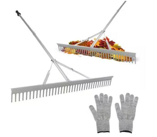 Pure Garden 68 in. Aluminum Handle Landscape Rake and Lawn Gloves