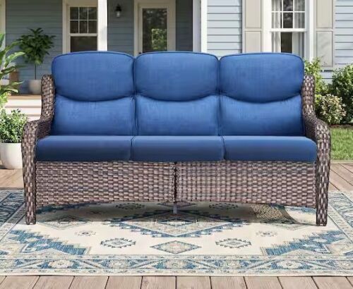 LunaCurve 3-Seat Brown PE Wicker Outdoor Couch with 5 in. olefin Blue Cushions