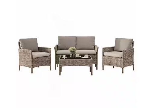 4-Piece Gray Wicker Patio Conversation Bistro Set Outdoor Sectional Sofa Set with Light Gray Cushions