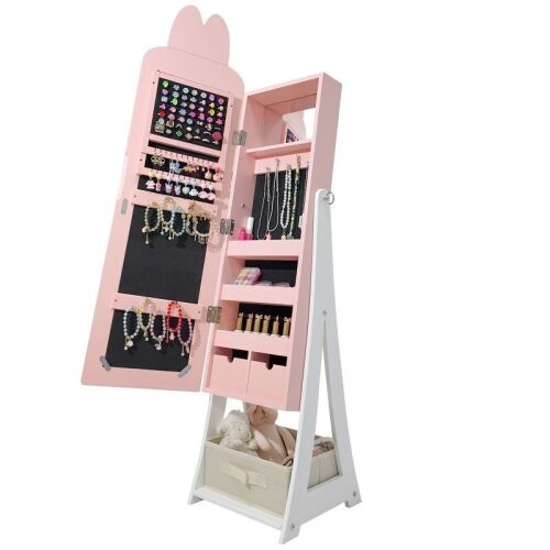 Kids Jewelry Armoire with Full-Length Mirror, Fabric Drawer